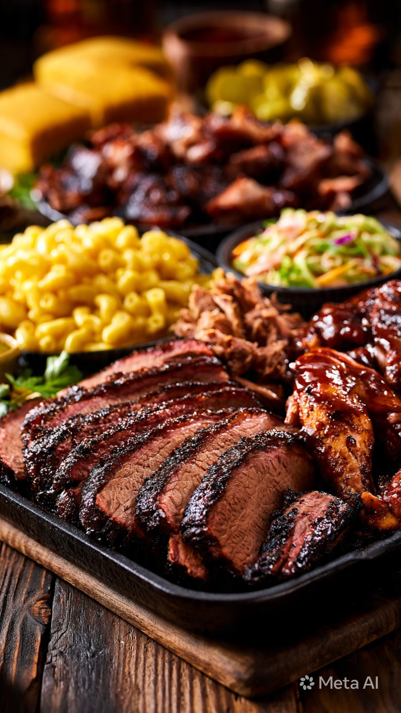 BBQ plate with smoked brisket, pulled pork, BBQ chicken, mac and cheese, coleslaw, cornbread, and pickles