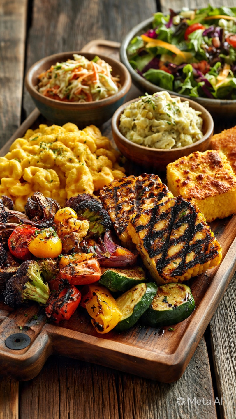 Veggie plate with grilled seasonal vegetables, mac and cheese, coleslaw, cornbread, and salad